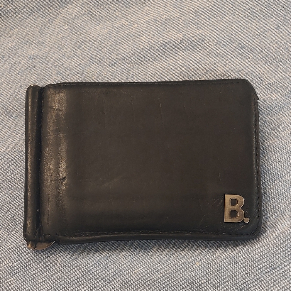 Balenciaga Bi-fold Leather Card Holder W/ Money Clip -Black- Used-See Photos
